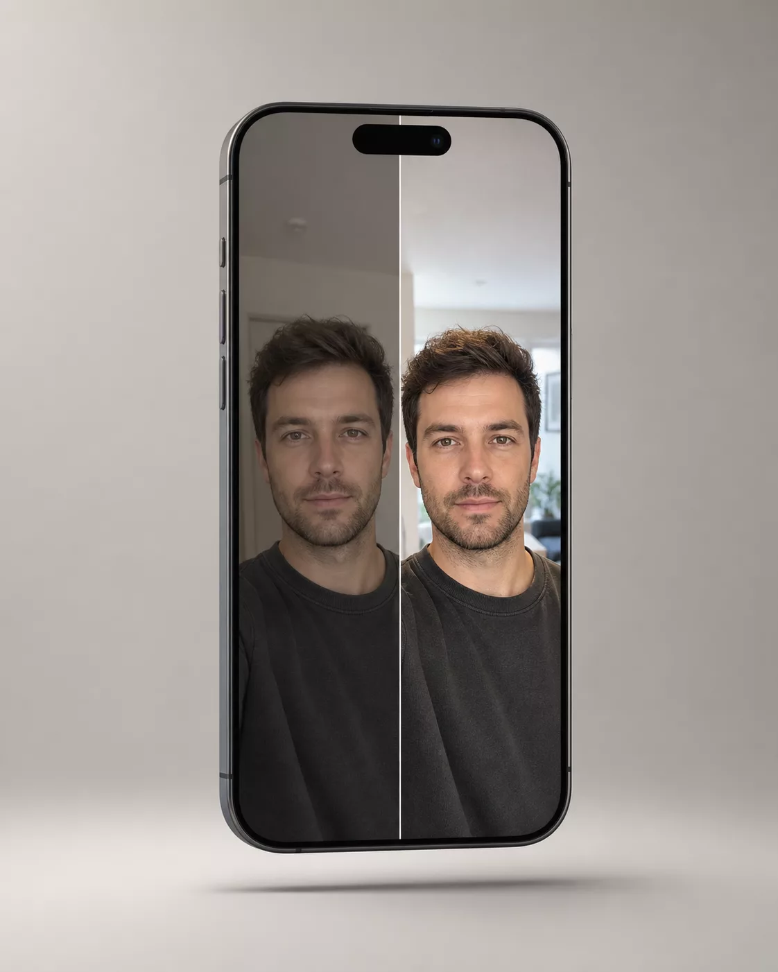 Virtual smartphone showing a split before and after selfie camera preview.